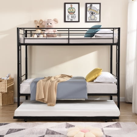 Twin Over Twin Bed with trundle,Metal bunk bed with Noise Reduced/ Safety Guardrail/No Box Spring Needed,suitable for teenagers and adults, black
