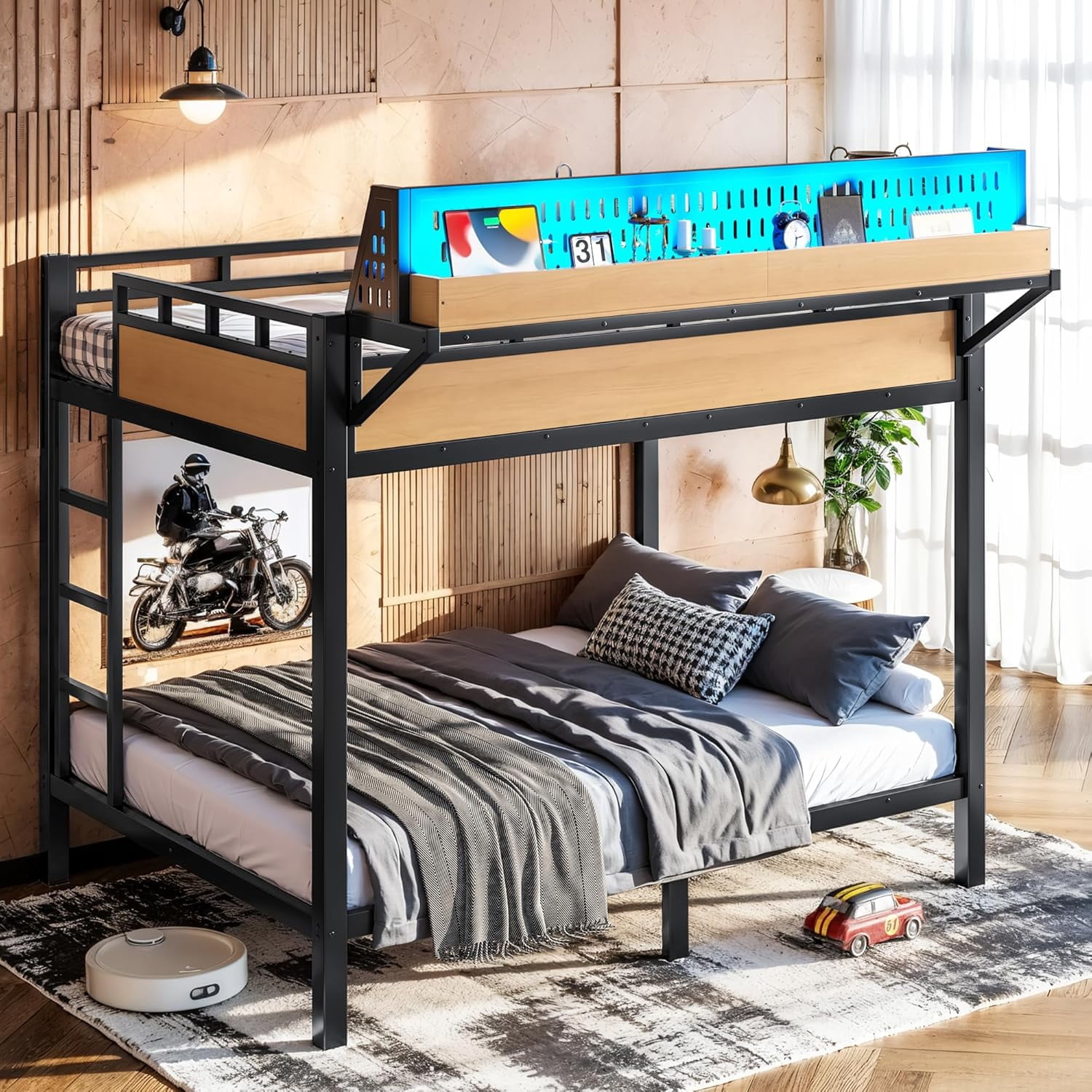 Bunk Bed Full Over Full Size, Metal Bunk Bed Frame with LED Lights, USB, Outlet, Storage Shelf, Ladder and Guardrail, No Box Spring Needed for Dorms, Apartments, Small Spaces, Natural