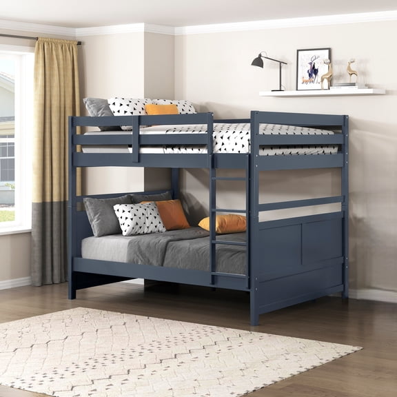 Bunk Bed, Full Over Full Size, Sturdy Wood Frame with Guard Rails and Secure Ladder, Box Spring Not Required, Navy Blue Finish, 79.5" x 59" x 66.5"H, Contemporary Bedroom Furniture