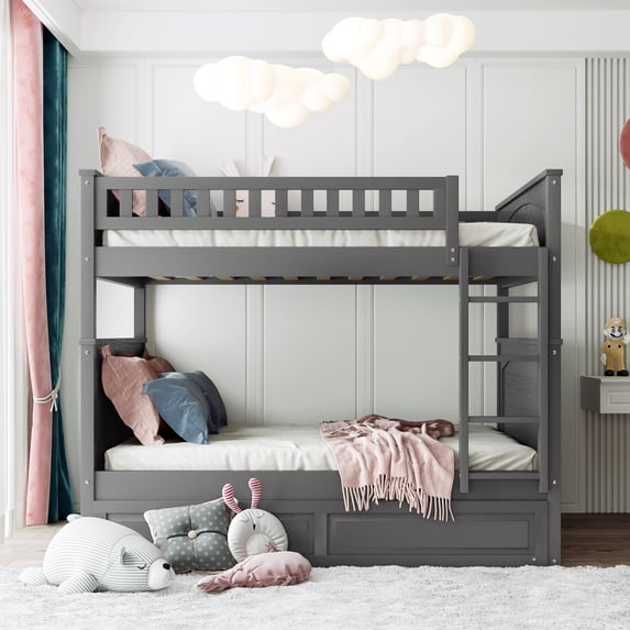 Bunk Bed Full Over Full Size Bunk with Twin Pull-Out Trundle,Sturdy Wood Full Over Bunk Bed Frame for 2, with Slats and Guardrails, No Box-Spring Needed
