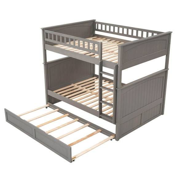 Bunk Bed Full Over Full Size Bunk with Twin Pull-Out Trundle,Sturdy Wood Full Over Bunk Bed Frame for 2, with Slats and Guardrails, No Box-Spring Needed