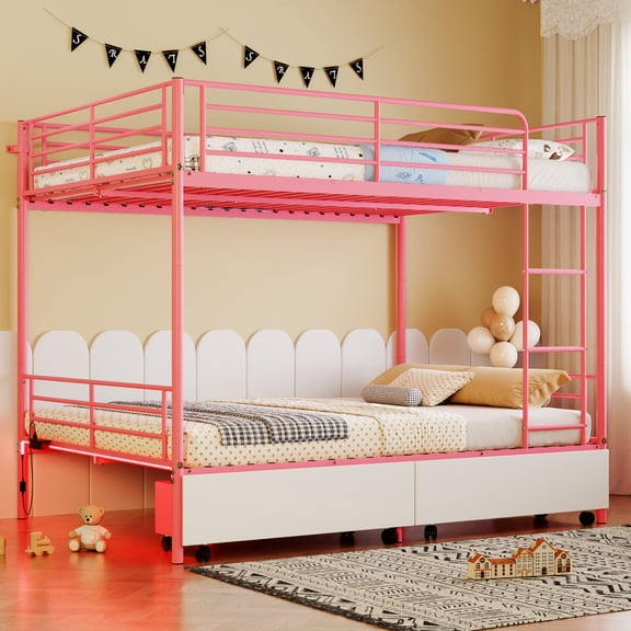 Bunk Bed, Full Size Metal Frame with USB Charging Station, Convertible Split Design into Two Separate Beds, Safety Guardrails and Ladder, Pink Finish for Modern Bedroom Use