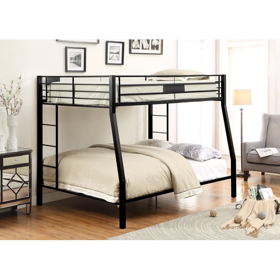 Bunk Bed, Full XL over Queen Metal Frame with Sandy Black Finish, Double Side Ladder, Full-Length Guard Rails, Slat System, 330lbs Capacity, for Bedroom, 54"W x 80"L Top Mattress Size