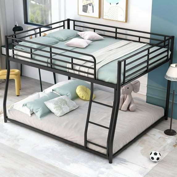Heavy Duty Metal Bunk Bed Full XL Over Queen Size with 12" High Full Length Rail & 3 Step Ladders, Black