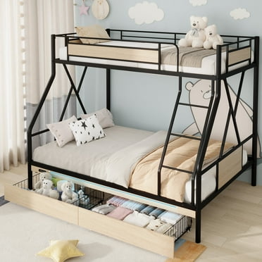 Twin Over Full Bunk Beds for Kids, Metal Bunk Bed with 2 Drawers and LED Lights, Heavy Duty Bunkbeds No Box Speing Needed, with Ladder and Full-Length Guardrail, Black