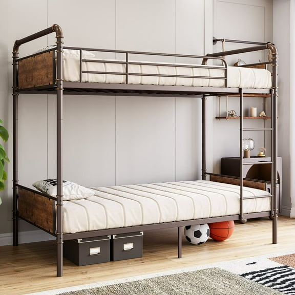 Bunk Bed, Metal Bunk Bed with Fixed Ladder and Guardrails, Storage Space Under the Bed, Double Bed for Two People for Teenagers and Adults,Bronze