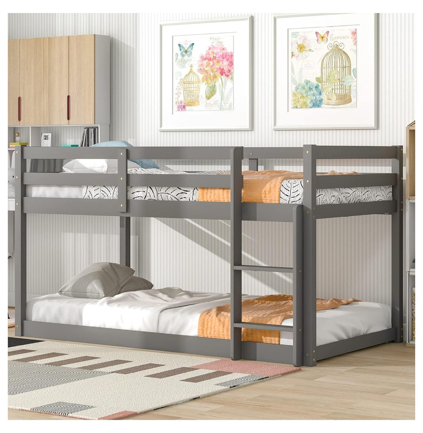 Bunk Bed Over , Wood Low Profile Floor Bunk Beds with Ladder Guardrails for Kids Boys and Girls
