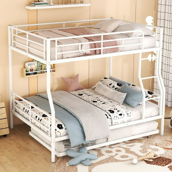 Bunk Bed, Save Space or Split Into 2 Beds, Metal Bunk Bed with Ladder and Safety Guardrail, Space-Saving Bunk Beds with Trundle for Teens & Adults, No Box Spring Needed