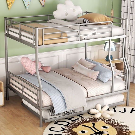 Bunk Bed, Save Space or Split Into 2 Beds, Metal Bunk Bed with Ladder and Safety Guardrail, Space-Saving Bunk Beds with Trundle for Teens & Adults, No Box Spring Needed