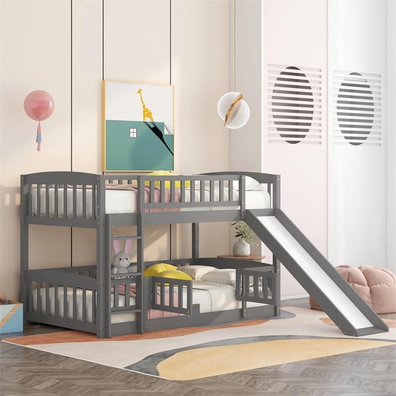 Bunk Bed with Slide and Fence, Solid Wood Twin Over Twin Low Bunk Bed Frame with Safety Guardrail and Ladder, Multifunctional Loft Bunk Bed with Small Door for Boys Girls, No Box Spring Needed, Grey