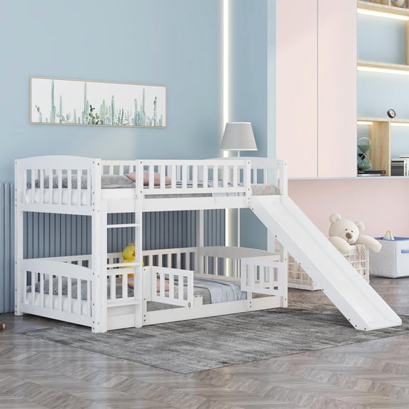 Bunk Bed with Slide and Fence, Solid Wood Twin Over Twin Low Bunk Bed Frame with Safety Guardrail and Ladder, Multifunctional Loft Bunk Bed with Small Door for Boys Girls, No Box Spring Needed, White