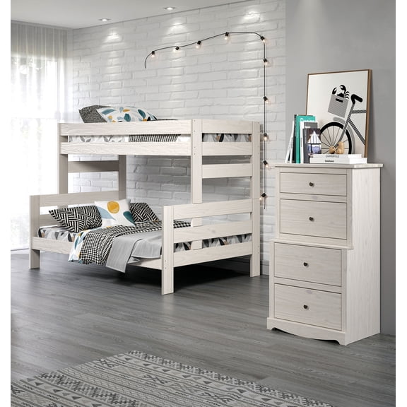 Bunk Bed, Solid Brazilian Pine Wood Twin Frame with Plank Design, Rustic White Finish, Integrated Headboard and Footboard Ladder, 78"W x 56"D x 61"H, for Bedroom Use
