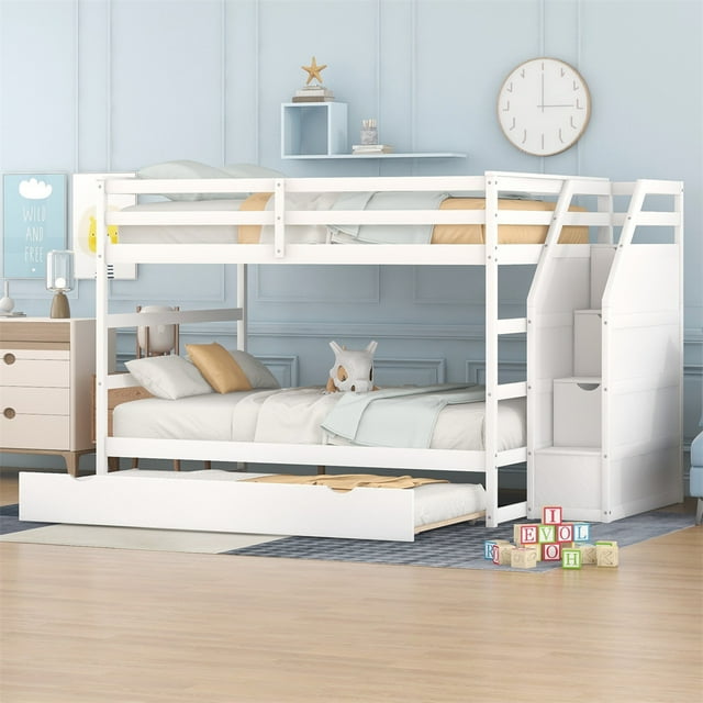 Bunk Bed with Trundle and 3 Storage Stairs, Solid Wood Full over Full Bunk Bed Frame with Full-Length Guardrail & Staircase, Multifunctional Trundle Bunk Bed for Boys Girls, No Box Spring Needed White