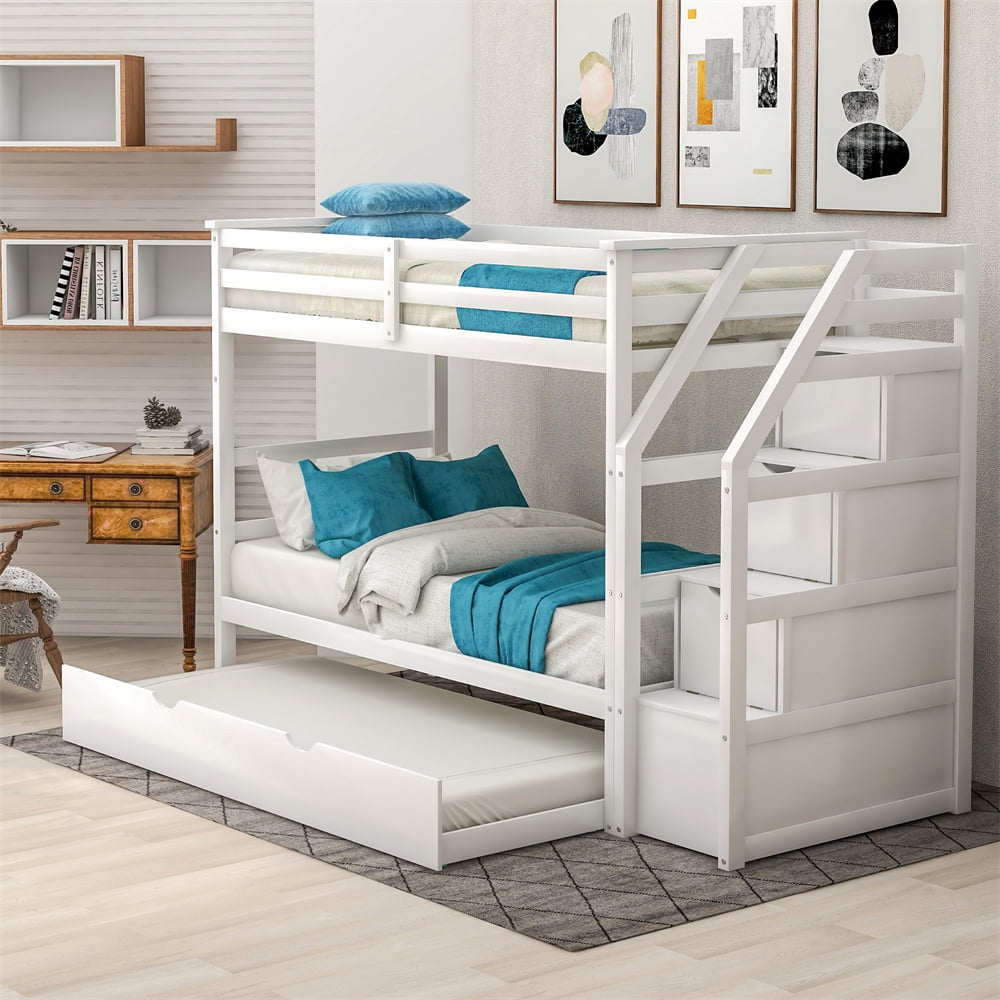 White bunk bed with trundle and stairs online