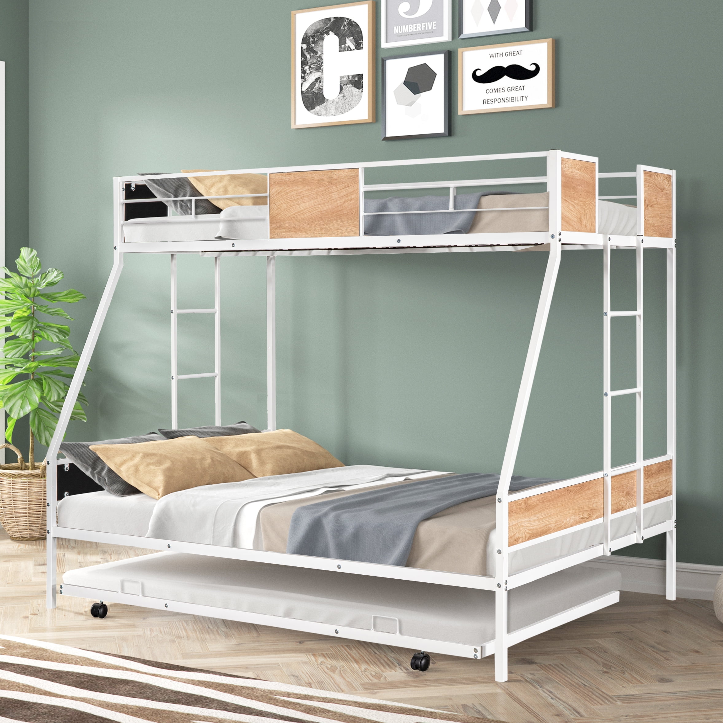 Bunk Bed with Trundle, BTMWAY Metal Bunk Beds Twin Over Full, Convertible Twin Bunk Beds for