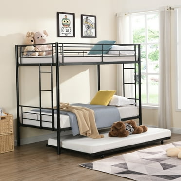 Bunk Bed With Trundle  Metal Bunk Bed Frame,Loft Bed With Safe Stairs And Guardrail,Bunk Bed Twin Over Twin For Kids,Teens, Adults, Bedroom, Dorm,Space-Saving,No Box Spring Needed,Black