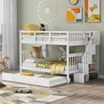 thumbnail image 1 of Bunk Bed with Trundle and Stairway, Detachable Wood Full-Over-Full Bunk Bed Frame with Storage Shelves, Staircase, Full-Length Guardrail and Handrail, Can be Divided into 2 Beds, Space-Saving, White, 1 of 7
