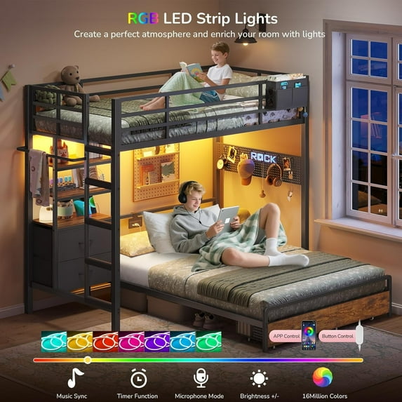 Bunk Bed Twin Over Full Size with LED Lights & 4 Storage Drawers, L-Shaped Bunk Bed with Charging Station & Bookshelf for Adults, Twin Loft Bed with Pegboard & Safety Guardrail & Ladder, Black