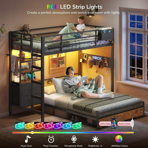 Bunk Bed Twin Over Full Size with LED Lights & 4 Storage Drawers, L-Shaped Bunk Bed with Charging Station & Bookshelf for Adults, Twin Loft Bed with Pegboard & Safety Guardrail & Ladder, Black