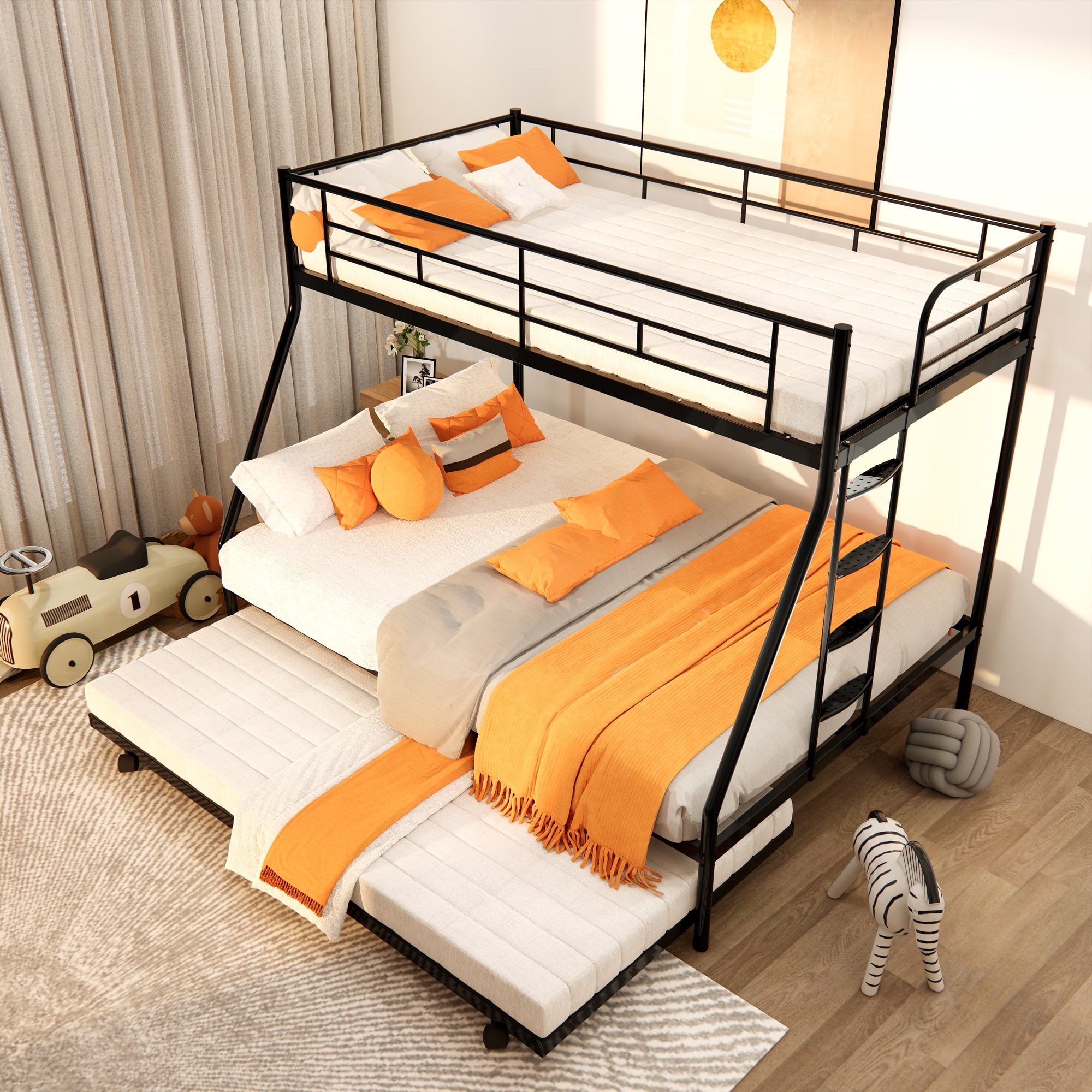 Triple Bunk Bed Twin over Full with Trundle Metal Bunk Bed for Kids,Adults,Heavy Duty Bunk Bed with Full-Length Guardrail,Comfortable Step,Easy to Assemble,for 3