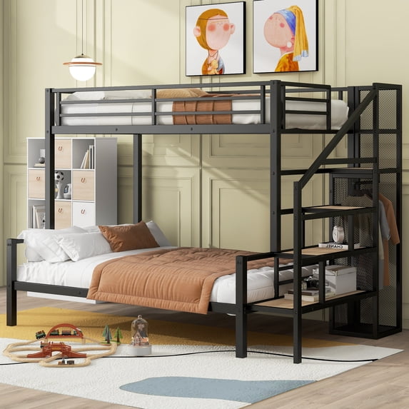 Bunk Bed Twin Over Full, Metal Bunkbed Frames with Storage Stairs, Wire Shelving and Wardrobe, Full-Length Guardrail, No Box Spring Needed, Black