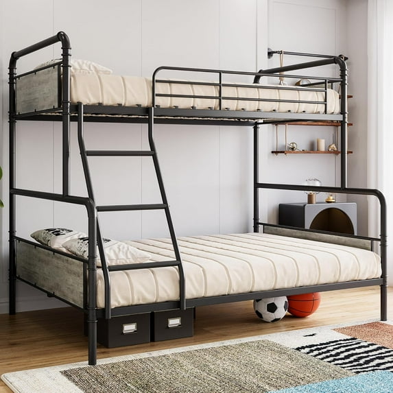 Bunk Bed Twin Over Full Size with High Guardrail and Ladder, Twin Size Convertible Metal Bunk Bed, No Box Spring Needed, Gray