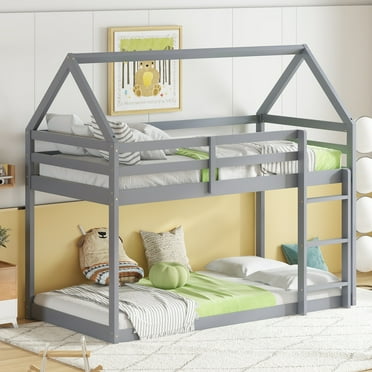 Bunk Bed Twin Over Twin, House Rubber Wood Floor Bunk Bed Frame with Ladder and Guardrail, Space Saving, No Box Spring Needed, Grey