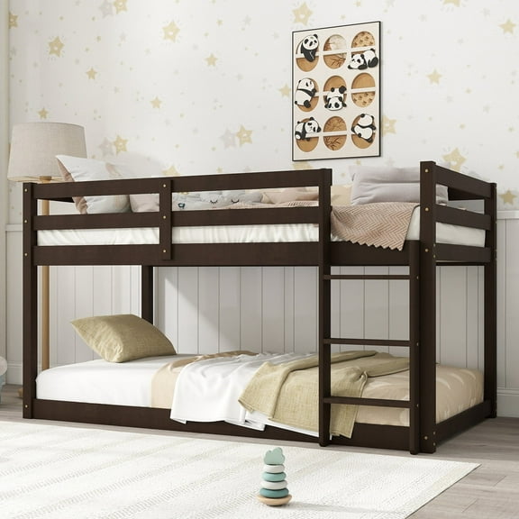 Bunk Bed Twin Over Twin, Low Twin Size Floor Bunk Beds with Ladder, Solid Wood Junior Bunk Bed fors Teens, No Box Spring Needed-Espresso
