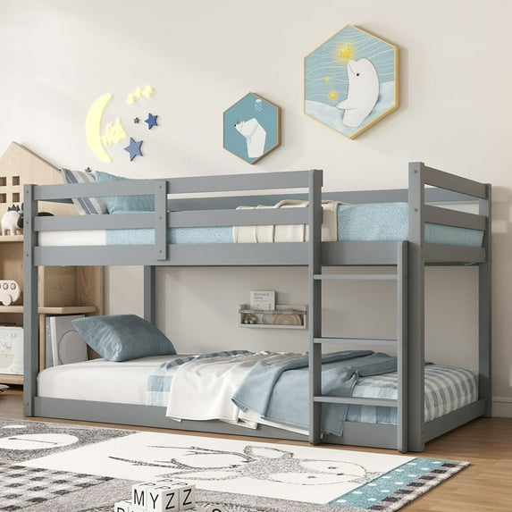 Bunk Bed Twin Over Twin, Low Twin Size Floor Bunk Beds with Ladder, Solid Wood Junior Bunk Bed for Bedroom, No Box Spring Needed-Gray