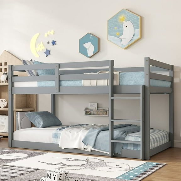 Bunk Bed Twin Over Twin, Low Twin Size Floor Bunk Beds with Ladder, Solid Wood Junior Bunk Bed for Bedroom, No Box Spring Needed-Gray