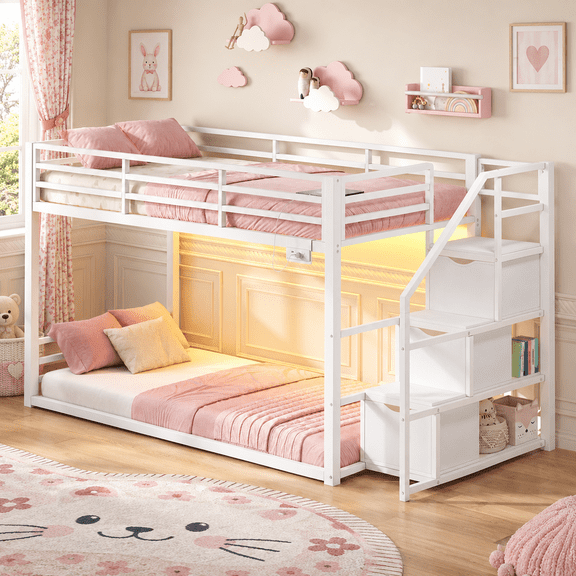 Bunk Bed Twin Over Twin, Metal Bunk Bed Frame with Storage Stairs, RGB LED Lights & Charging Station, 3 Drawers & Shelves, Full-Length Guardrails