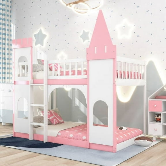Bunk Bed, Twin Over Twin Solid Wood Bunk Bed, Castle Wood Low Floor Loft Bunk Bed with Ladder Playhouse with Window and Full-Length Guardrail, Pink