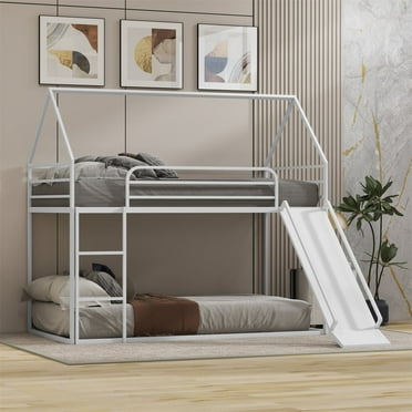 Bunk Bed Twin Over Twin, Steel Twin over Twin House Bed with Ladder and Slider, Heavy Duty Bed for Kids Adults, Space-Saving, No Box Spring Needed, White