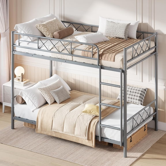 Bunk Bed Twin Over Twin with Extra High Guardrail, Heavy Duty Metal Frame & Sturdy Slats, No Box Spring Needed, Space Saver, Gray