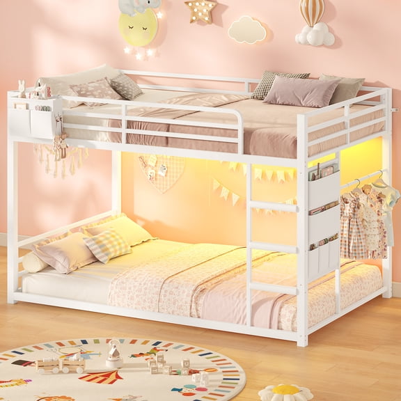 Bunk Bed Twin Over Twin with LED Lights, Metal Bunk Bed with Guardrail & Stairs, Space Saving, White