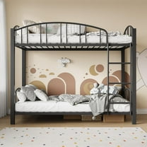 Bunk Bed Twin Over Twin with Stairs, Arched Guardrail, Metal Slats, No Box Spring, Space Saving, Black