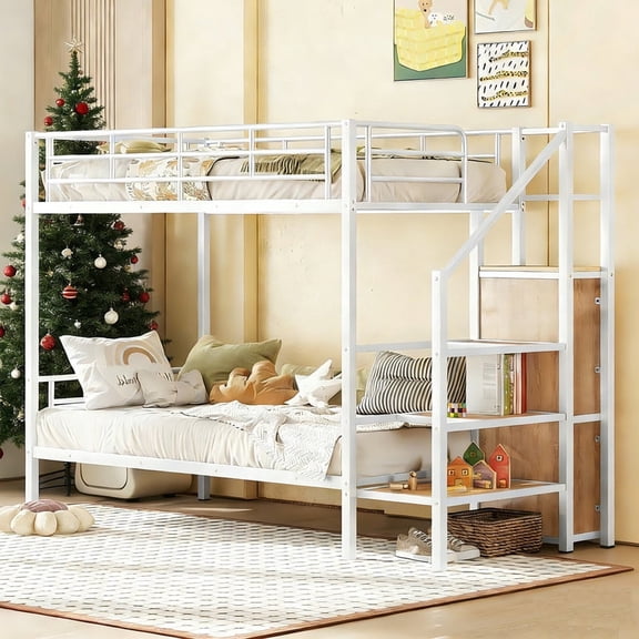 Bunk Bed Twin Over Twin with Stairs, Metal Bunk Bed Frame with Wardrobe, Twin Bunk Beds with Storage Shelves for Small Space,White