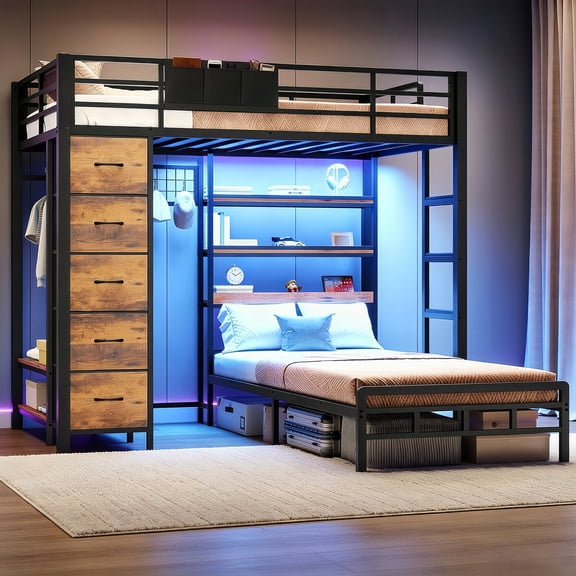 Bunk Bed Twin Over Twin with Storage Drawers & LED Shelves and Hall Tree Full-length Guardrail & Ladder Black