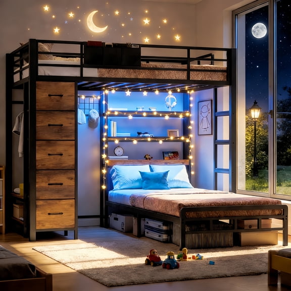 Bunk Bed Twin Over Twin with Storage Drawers & LED Shelves and Hall Tree Full-length Guardrail & Ladder Black