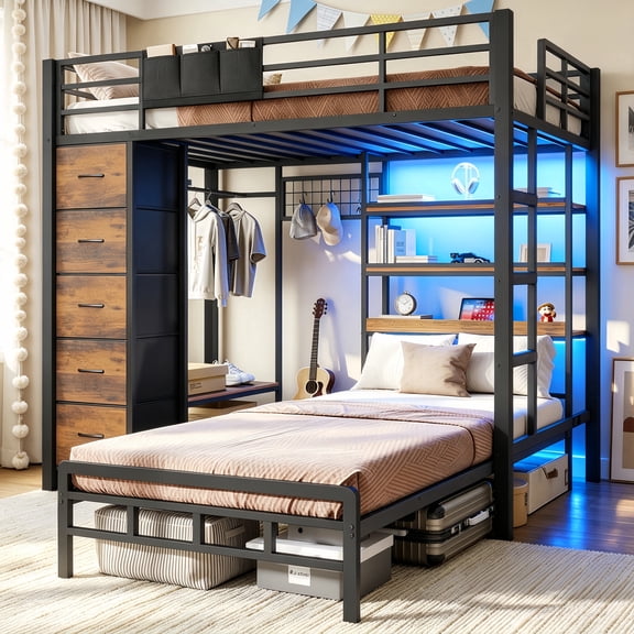 Bunk Bed Twin Over Twin with Storage Drawers & LED Shelves and Hall Tree Full-length Guardrail & Ladder Black Space Saving Furniture