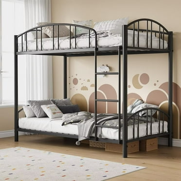 Bunk Bed Twin Size with Arched Guardrail and Safety Ladder, Heavy Duty Metal Bunk Bed Loft for Small Space