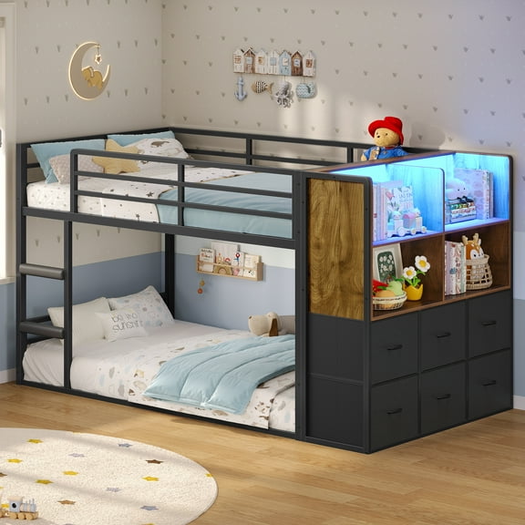 Bunk Bed Twin Over Twin with 6 Large Fabric Drawers,4 Wooden Storage Bookshelf, Metal Bunk Bed Low Loft Bed with LED Lights,Safety Ladder,Guardrail, Space Saving,Brown
