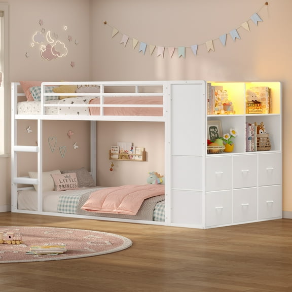 Bunk Bed Twin Over Twin with 6 Large Fabric Drawers,4 Wooden Storage Bookshelf, Metal Bunk Bed Low Loft Bed with LED Lights,Safety Ladder,Guardrail, Space Saving,White