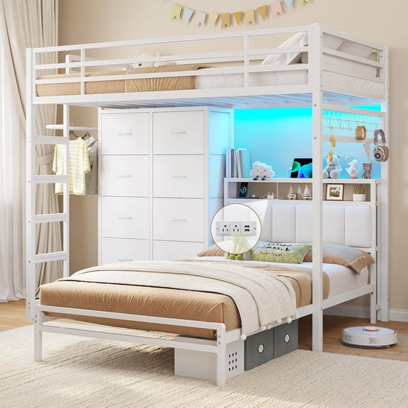 Bunk Bed Twin Over Twin with 8 Storage Drawers & Charging Station & LED Lights, Metal Bunk Beds with Upholstered Storage Headboard and Shelf, Twin Loft Bed for Teen, Safety Guardrail & Ladder, White