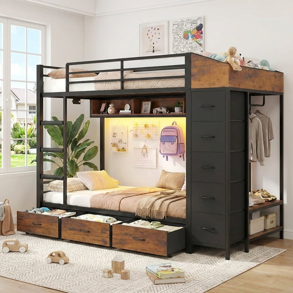 Bunk Bed Twin Over Twin with 8 Storage Drawers and Power Outlets, LED Twin Bunk Beds with Hall Tree and Shelves, Metal Bunk Beds with Safety Guardrail & Ladder