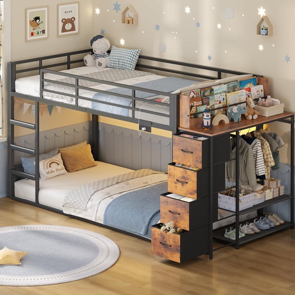 Bunk Bed Twin Over Twin with Bookshelf, 4 Storage Drawers, Metal Low Bunk Bed with Power Outlet & RGB Lights, Clothing Rack & Shelves, Guardrail & Ladder, Brown
