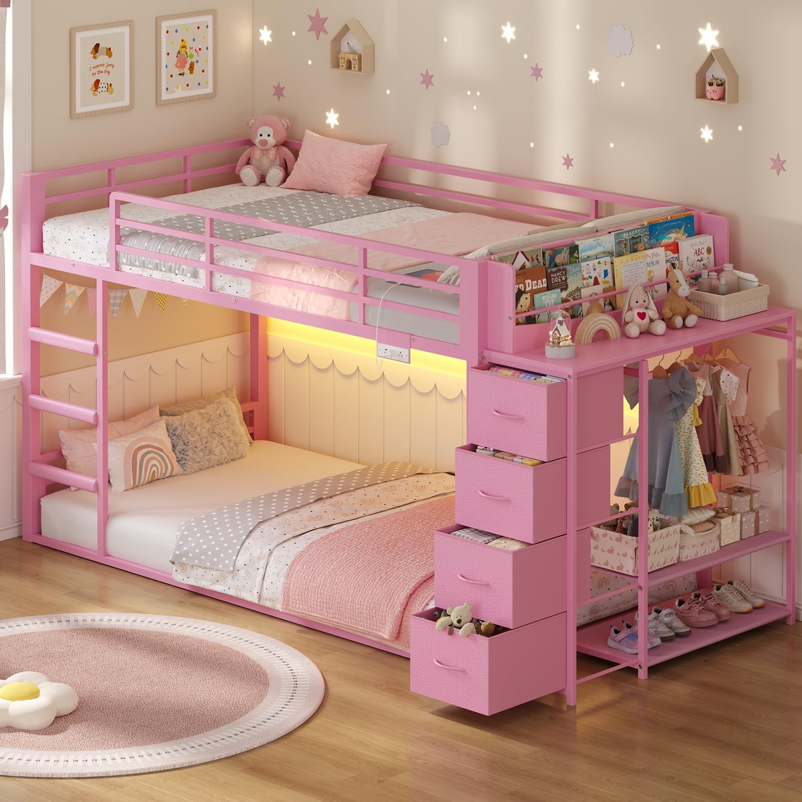 Bunk Bed Twin Over Twin with Bookshelf, 4 Storage Drawers, Metal Low ...