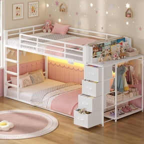 Bunk Bed Twin Over Twin with Bookshelf, 4 Storage Drawers, Metal Low Bunk Bed with Power Outlet & RGB Lights, Clothing Rack & Shelves, Guardrail & Ladder, White