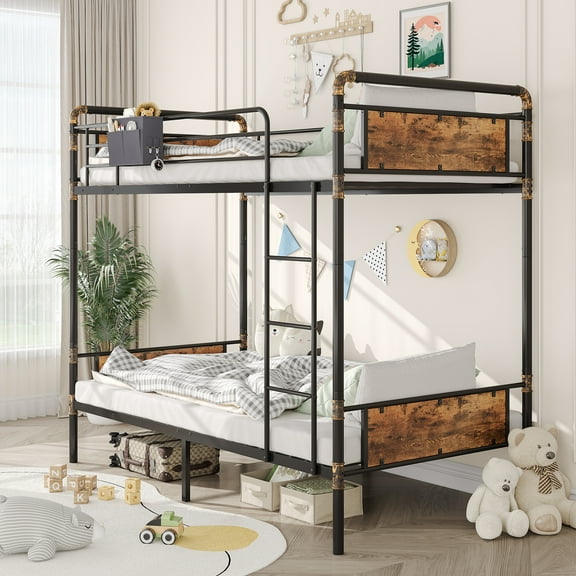 Bunk Bed Twin Over Twin,Convertible into 2 Twin Size Bunk Bed Frame for Kids Adults Teens,Heavy Duty Metal Bed Frame with Storage Bag for Bedroom,Space Saving No Box Spring Needed (Vintage Brown Wood