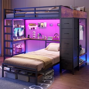 Torveric Bunk Bed with Hall Tree Twin Over Twin, L-Shaped Gaming LED Bunk Bed with Desk and Storages, Small Space Apartment Furniture Gift Black